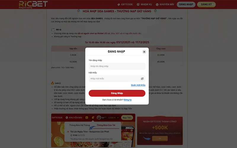Khuyến mãi SEA Games RICBET, tham gia khi nạp tiền